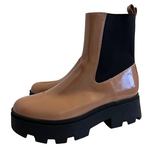 Open Edit Iris Neutral Glossy Academia Lug Sole Platform Chelsea Boot Si… - Picture 2 of 10